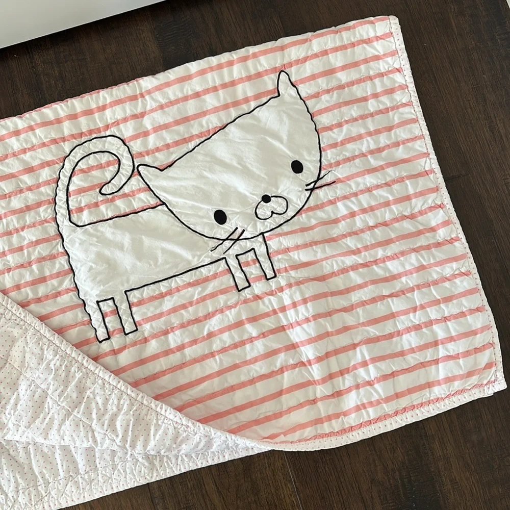 Vintage The Land Of Nod Pink White Striped Cat Throw Baby Blanket‎ Nursery Crib